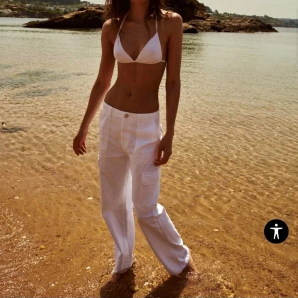 ZARA STRAIGHT LEG CARGO PANTS WITH HIGH-WAIST SIZE 0 White - Picture 4 of 5